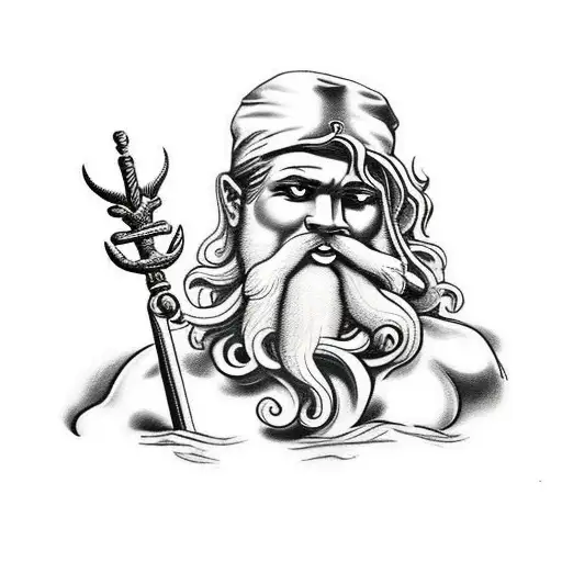 A black-grey tattoo of the Greek god Poseidon holding a trident tattoo design idea