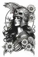 freya goddess bust wearing falcon helmet full moon and floating daisies  tattoo design idea