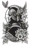 freya goddess bust wearing falcon helmet full moon and floating daisies  tattoo design idea