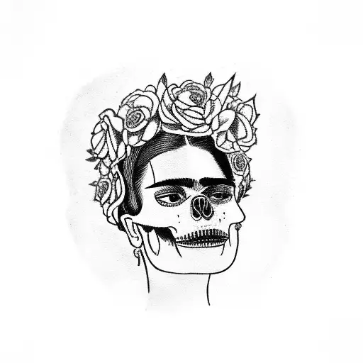 frida kahlo with flower crown. spider, skull and skeletons inside the flower crown tattoo design idea
