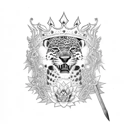 growling jaguar with a crown and a sword and lotus flowers tattoo design idea