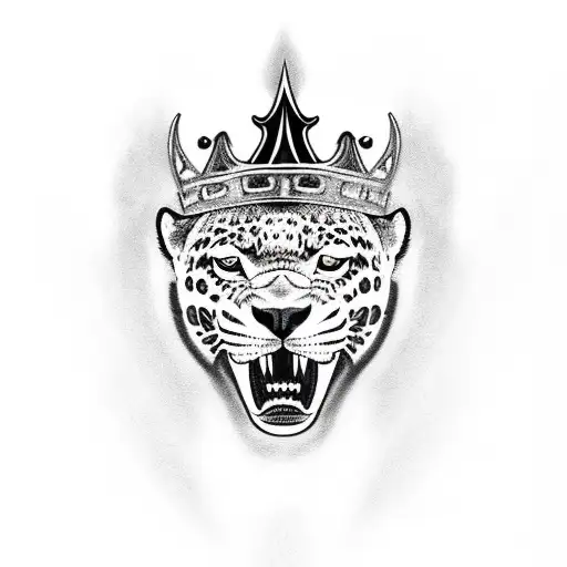 growling jaguar with a crown and a sword and lotus flowers tattoo design idea