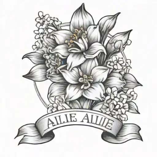 daffodil and cherry blossoms with name Allie written   tattoo design idea
