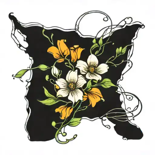 dogwood flowers, orange blossom flowers, California poppy flowers intertwined with a string of glowsticks.   tattoo design idea