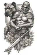Roman soldier holding a sword and has a cross around his neck with a cane corso at his side  tattoo design idea