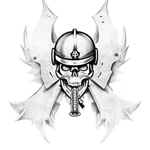 A skull wearing a Marine helmet with dragon wings and guns as crossed bones tattoo design idea