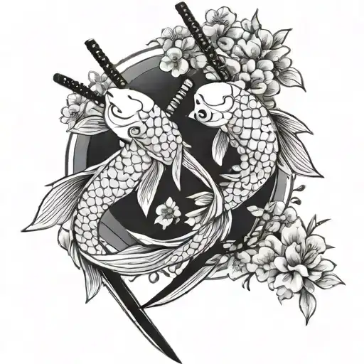two crossed katanas with a koi fish on each side with cherry blossoms around tattoo design idea