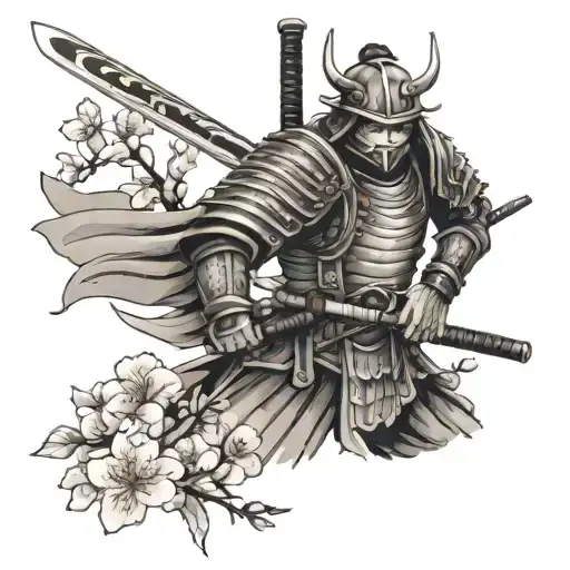 Two katanas crossed behind a samurai warrior in full armor, surrounded by cherry blossom petals tattoo design idea