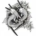 two crossed katanas with a koi fish on each side with cherry blossoms around tattoo design idea