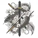 two crossed katanas with a koi fish on each side with cherry blossoms around tattoo design idea