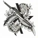 two crossed katanas with a koi fish on each side with cherry blossoms around tattoo design idea