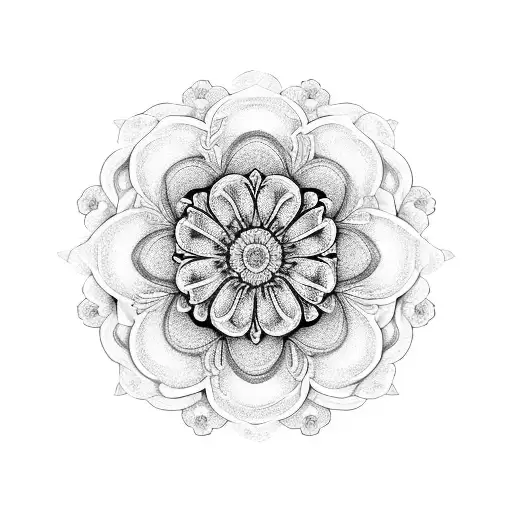 An intricate floral mandala incorporating geranium, rose, chrysanthemum, and narcissus elements tattoo design idea