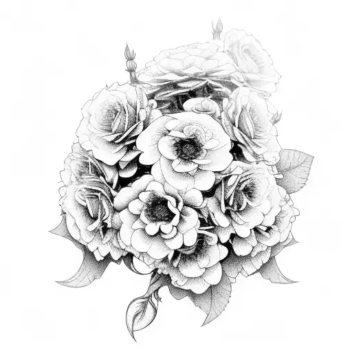 A motherly figure surrounded by blooming geraniums, roses, chrysanthemums, and narcissus flowers tattoo design idea