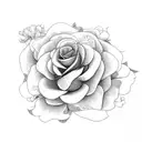 A motherly figure surrounded by blooming geraniums, roses, chrysanthemums, and narcissus flowers tattoo design idea