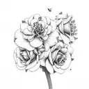 A motherly figure surrounded by blooming geraniums, roses, chrysanthemums, and narcissus flowers tattoo design idea