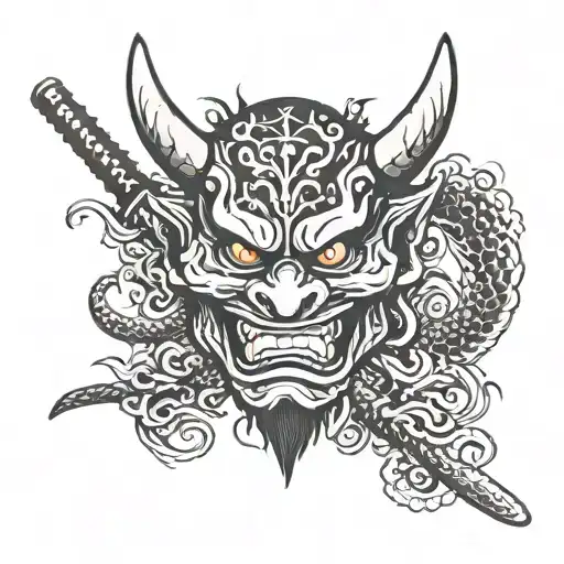 oni mask with katana and dragon tattoo design idea