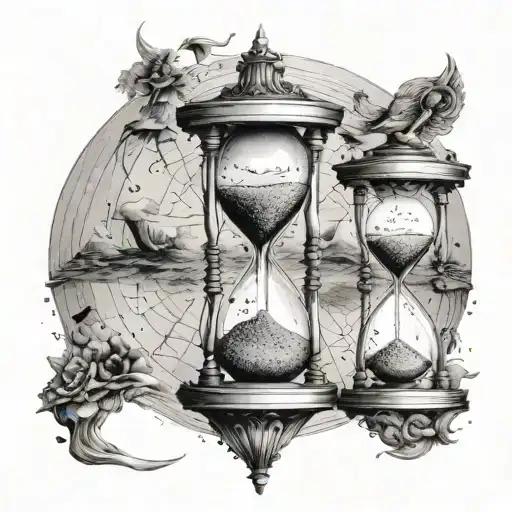 A dotwork tattoo of a detailed hourglass with the sands of time running out, representing the preciousness of life and the memories you shared with your sibling tattoo design idea
