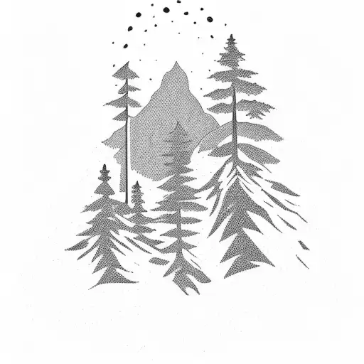 A silhouette of a person climbing a mountain, with a trail of paw prints leading the way, surrounded by a forest of trees tattoo design idea