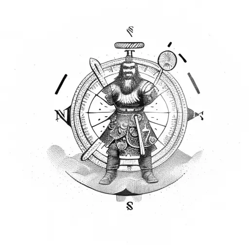 A Viking warrior holding a compass in one hand and a tree in the other, surrounded by a pack of loyal dogs tattoo design idea