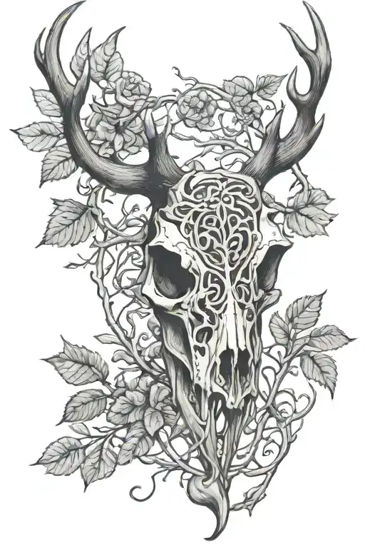 A black-grey tattoo of a deer skull with antlers intertwined with branches and leaves, symbolizing the connection between nature and life and death tattoo design idea