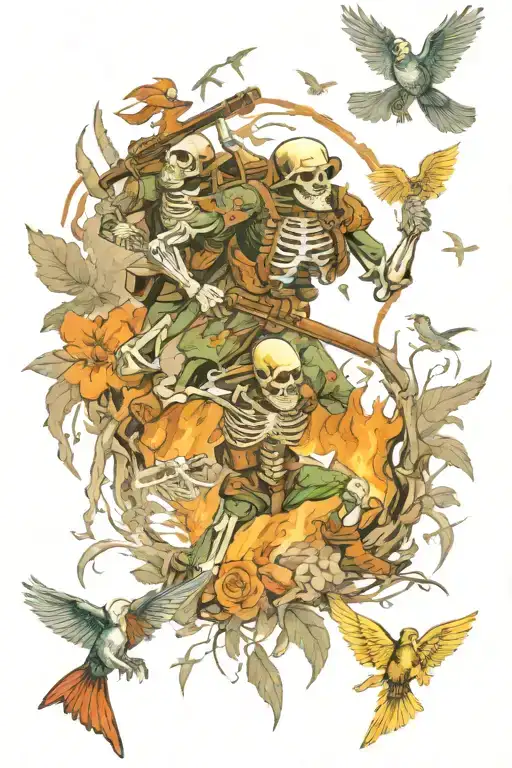 a world war 2 battle scene with skeleton us marines fighting tattoo design idea