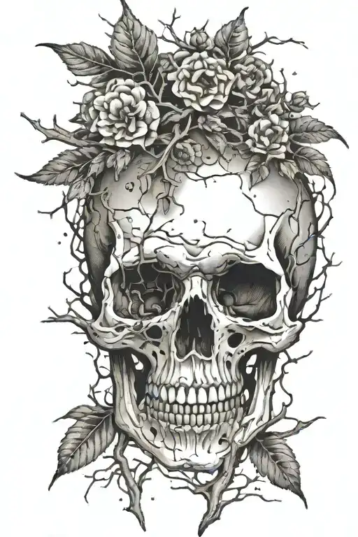 An intricate dotwork design of a skull with tree branches growing out of it tattoo design idea