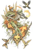 a world war 2 battle scene with skeleton us marines fighting tattoo design idea