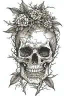 An intricate dotwork design of a skull with tree branches growing out of it tattoo design idea