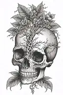 An intricate dotwork design of a skull with tree branches growing out of it tattoo design idea