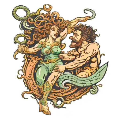 medusa and Theseus fighting each other tattoo design idea