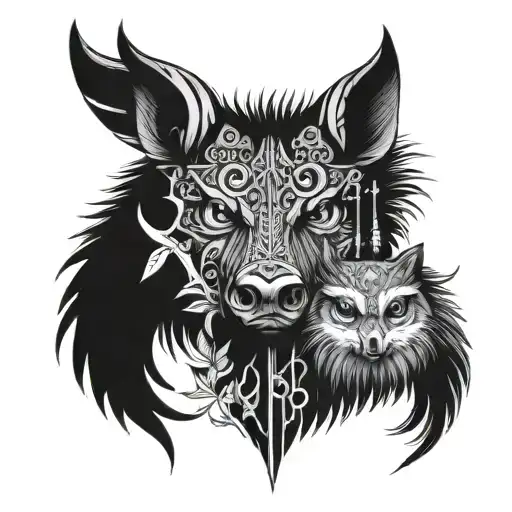 a totem pole whit a wild boar, fox, owl and dear  tattoo design idea