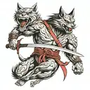 katana sword, oni mask, wolf howling tattoo design idea