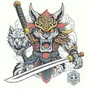 katana sword, oni mask, wolf howling tattoo design idea