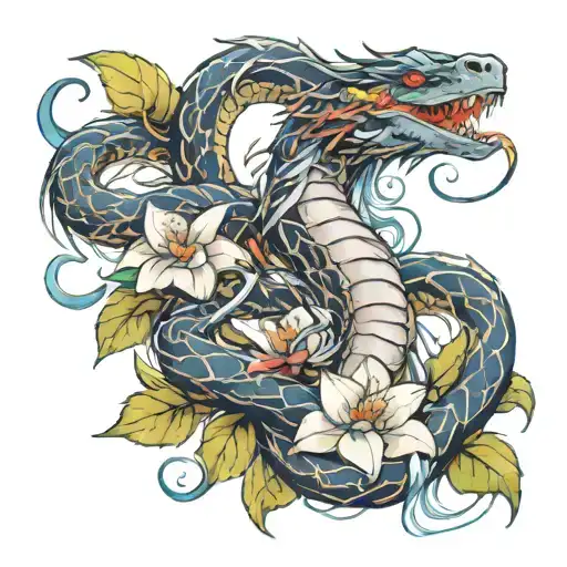 Dragon flowers snakes water tattoo design idea