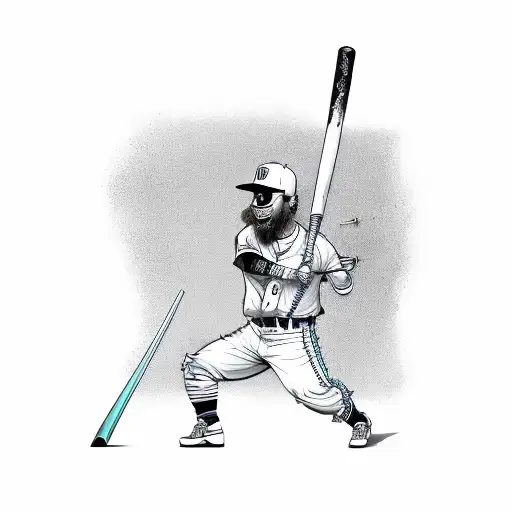 White background with Baseball bat with nails sticking out of it, teal bandana wrapped around base of bat tattoo design idea