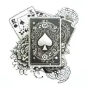An intricate dotwork design of a deck of cards with gambling symbols intertwined with stock market graphs tattoo design idea