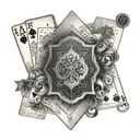 An intricate dotwork design of a deck of cards with gambling symbols intertwined with stock market graphs tattoo design idea