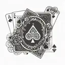 An intricate dotwork design of a deck of cards with gambling symbols intertwined with stock market graphs tattoo design idea