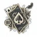 An intricate dotwork design of a deck of cards with gambling symbols intertwined with stock market graphs tattoo design idea