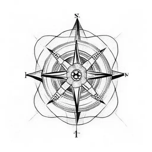 A dotwork tattoo featuring a compass intertwined with the birth month flowers of Zara, Hugo, and Allie, with their birth dates 24/10/90, 01/04/20, and 19/09/22 incorporated within the design, representing the guiding role you play in their lives. tattoo design idea