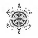 A dotwork tattoo featuring a compass intertwined with the birth month flowers of Zara, Hugo, and Allie, with their birth dates 24/10/90, 01/04/20, and 19/09/22 incorporated within the design, representing the guiding role you play in their lives. tattoo design idea