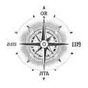 A dotwork tattoo featuring a compass intertwined with the birth month flowers of Zara, Hugo, and Allie, with their birth dates 24/10/90, 01/04/20, and 19/09/22 incorporated within the design, representing the guiding role you play in their lives. tattoo design idea