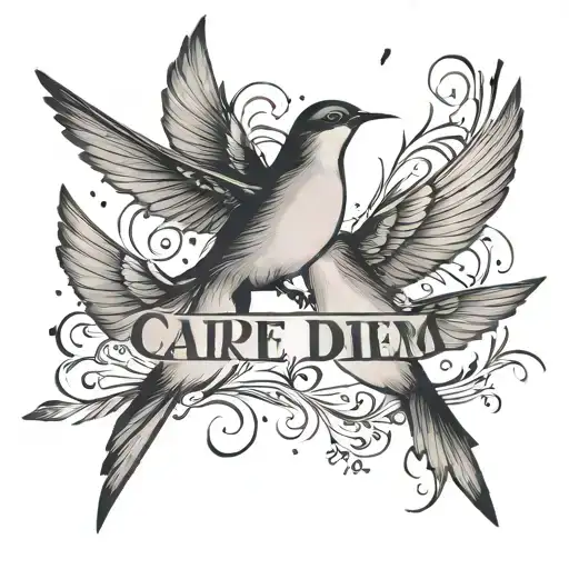 Four swallows in a minimalist black-grey style, each carrying a different letter of the phrase 'carpe diem' tattoo design idea