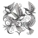 Four swallows in a minimalist black-grey style, each carrying a different letter of the phrase 'carpe diem' tattoo design idea