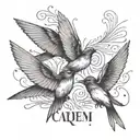 Four swallows in a minimalist black-grey style, each carrying a different letter of the phrase 'carpe diem' tattoo design idea