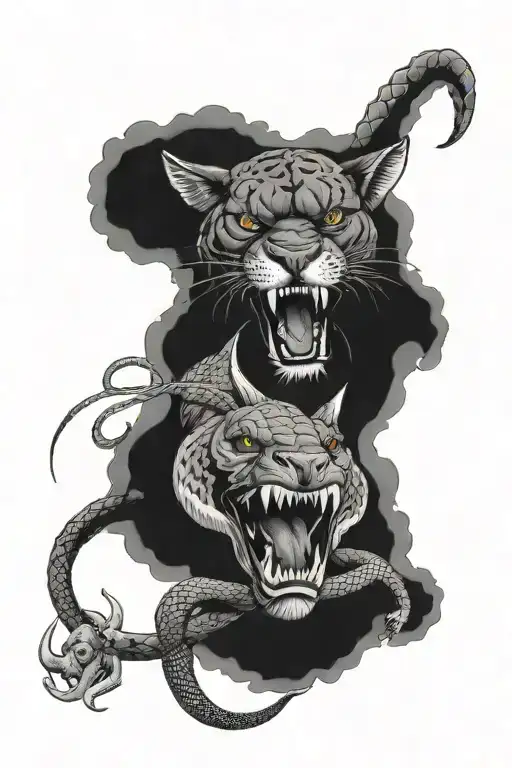 A puma in a fight with a snake and a shark with its mouth pierced by an anchor nearby tattoo design idea