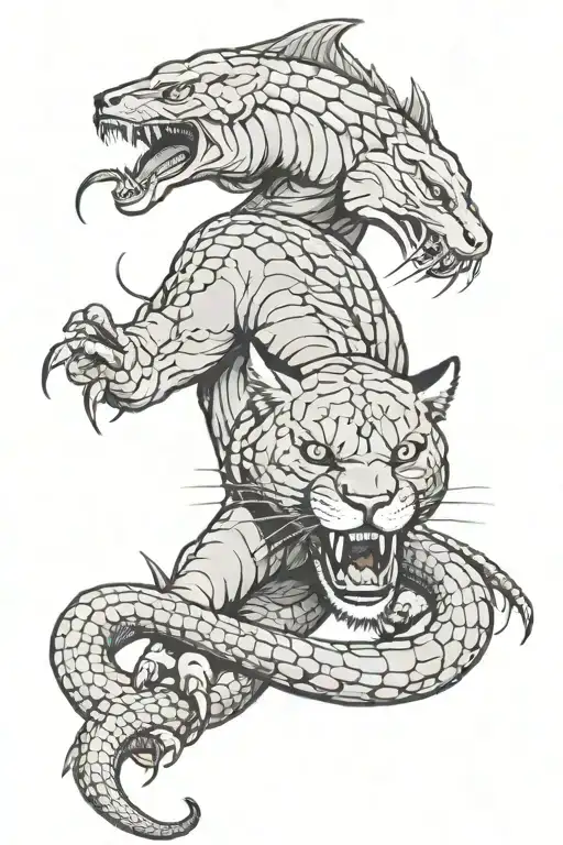 Puma in a fight with a snake, scolopendra and shark tattoo design idea