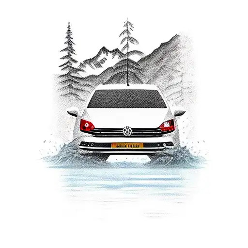 A red Volkswagen Sharan driving through a river with mountains in the background tattoo design idea