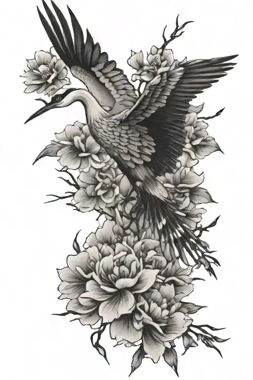 crane and blossom petals   tattoo design idea
