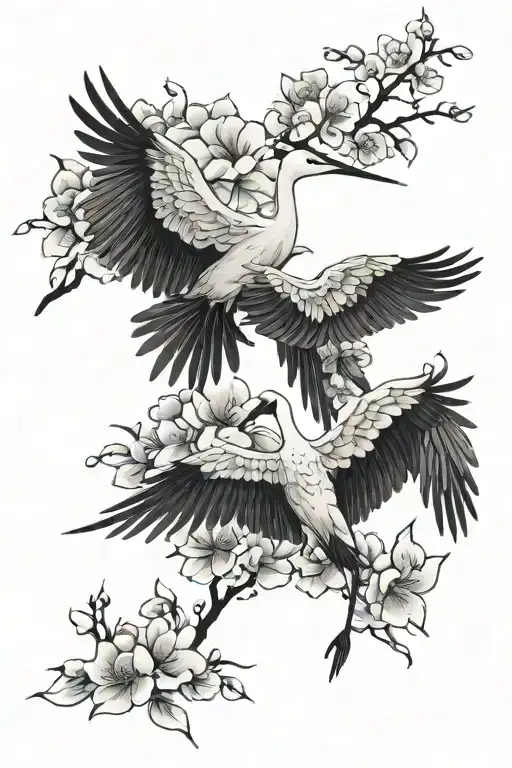 2 cranes and blossom petals falling tattoo design idea